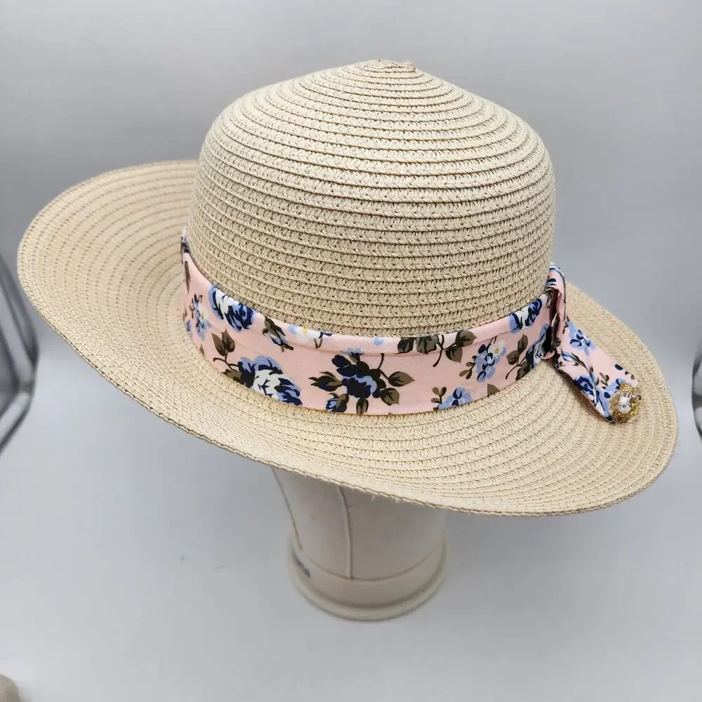 Marcus Adler Womens Straw Hat Short Brim Floral Tie Round Top Vacation Beach